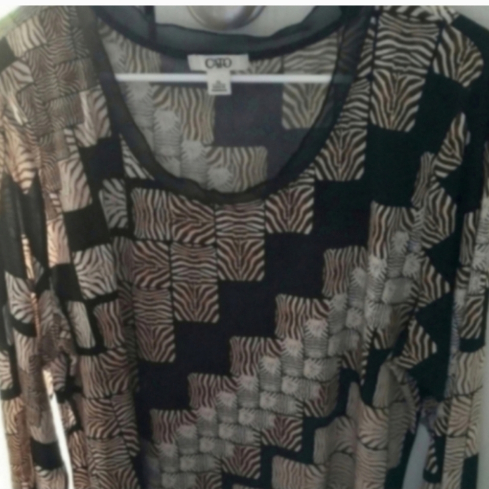 Cato Blouse Women's XL Black Brown White Geometric Color Block Black Lace Hem